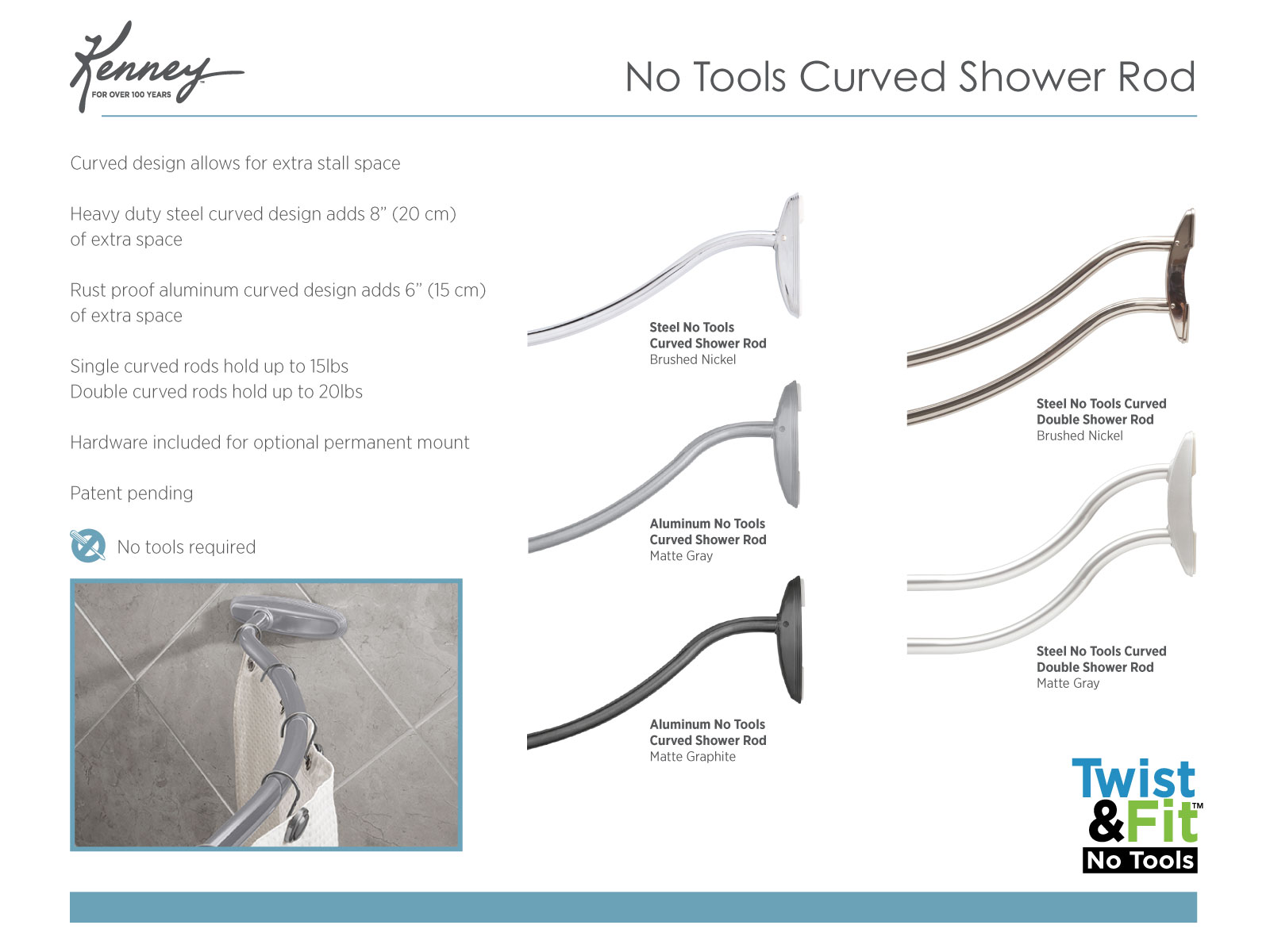 No Tools Curved Shower Rods